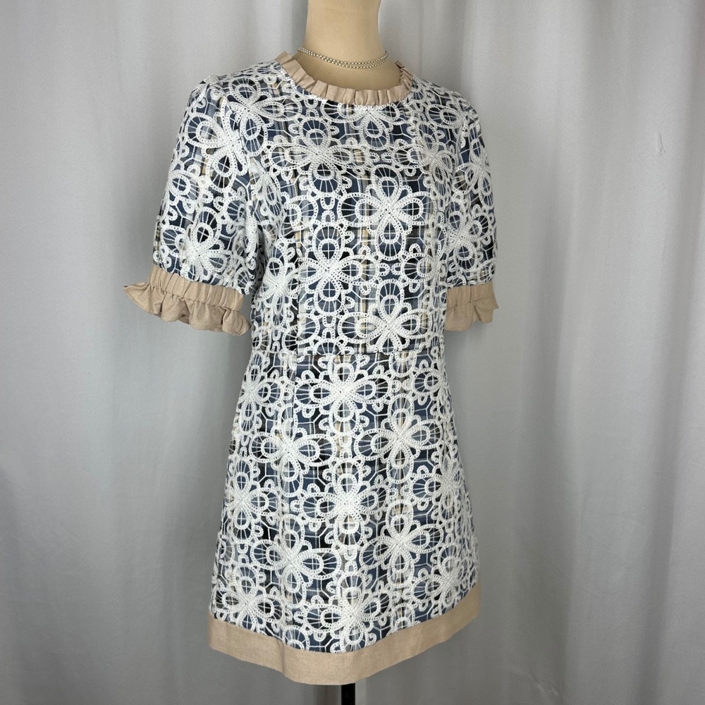 VOY Size S Blue White Crochet Lace Shift Dress Ruffle Linen Blend NWT